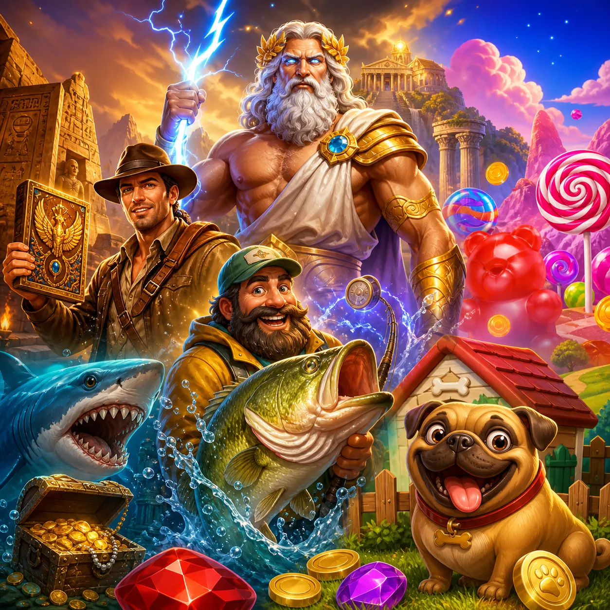Fantasy-themed slot artwork showcasing adventurous characters and mythical landscapes.